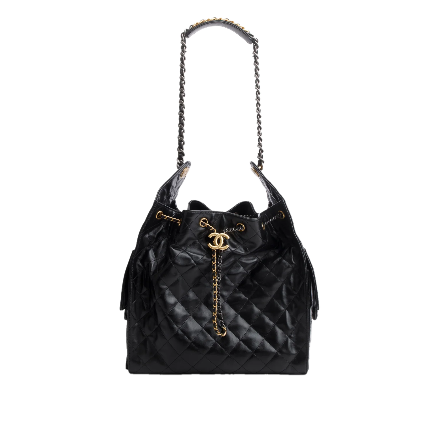 Chanel 2025 Black Shiny Calfskin Quilted Medium 25 Handbag