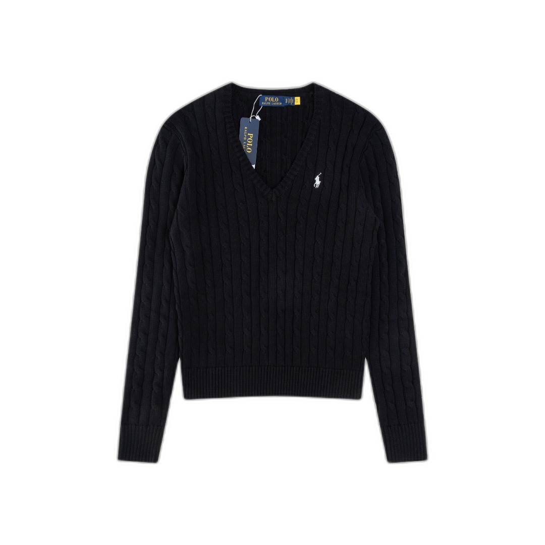 Ralph Lauren Black Cable Knit Cotton V Neck Sweater