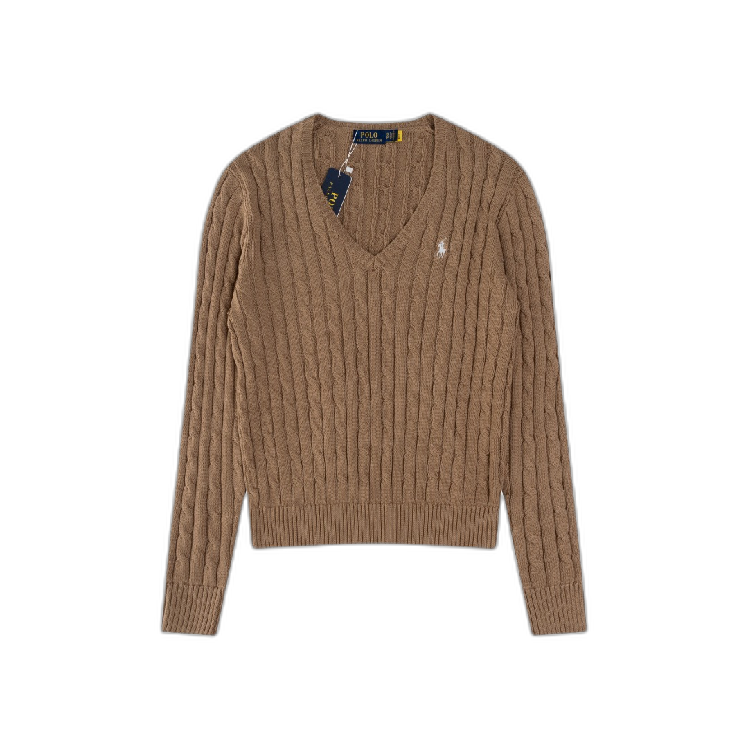 Ralph Lauren Brown Cable Knit Cotton V Neck Sweater