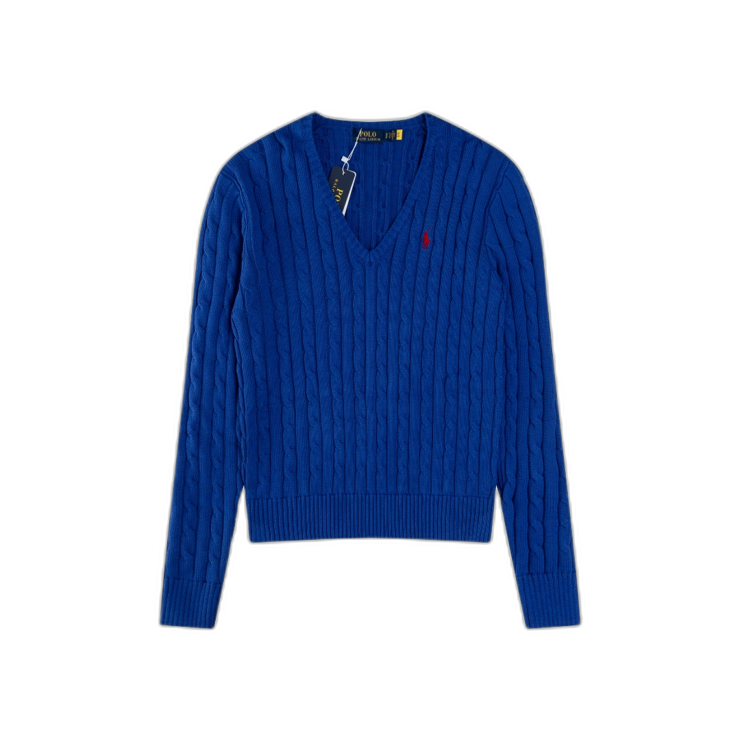 Ralph Lauren Bue Cable Knit Cotton V Neck Sweater