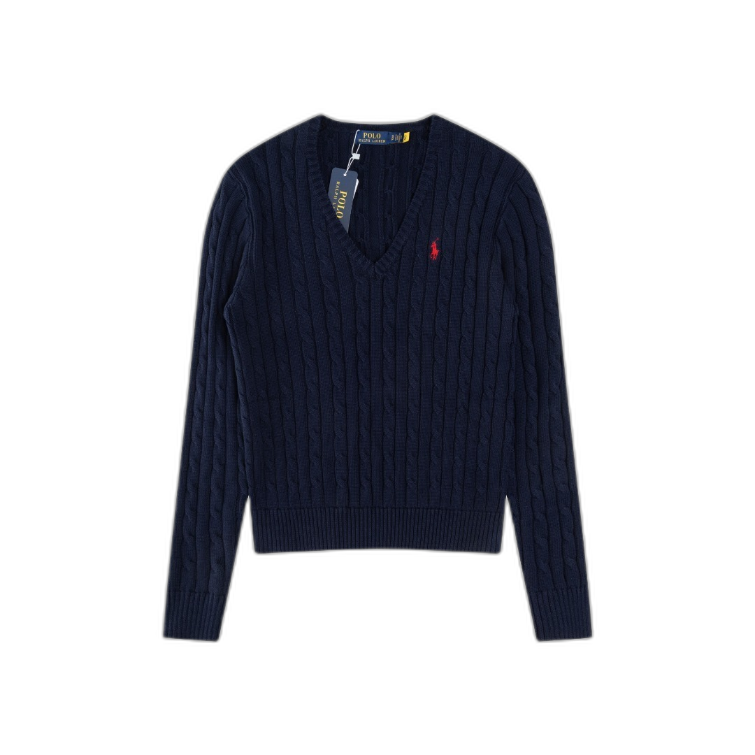 Ralph Lauren Dark Blue Cable Knit Cotton V Neck Sweater