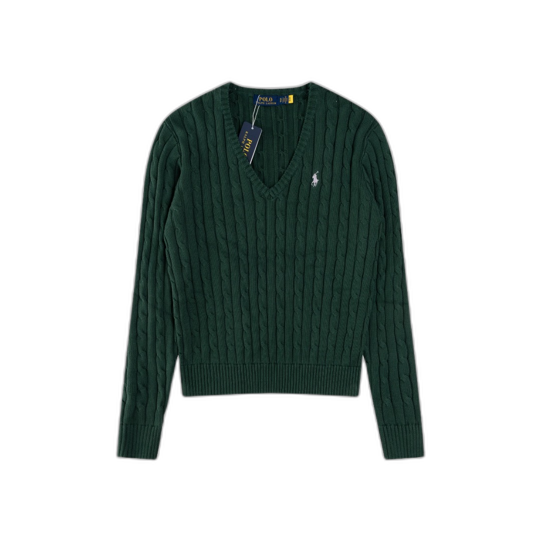 Ralph Lauren Green Cable Knit Cotton V Neck Sweater