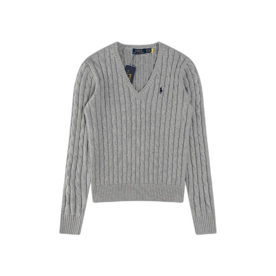 Ralph Lauren Grey Cable Knit Cotton V Neck Sweater