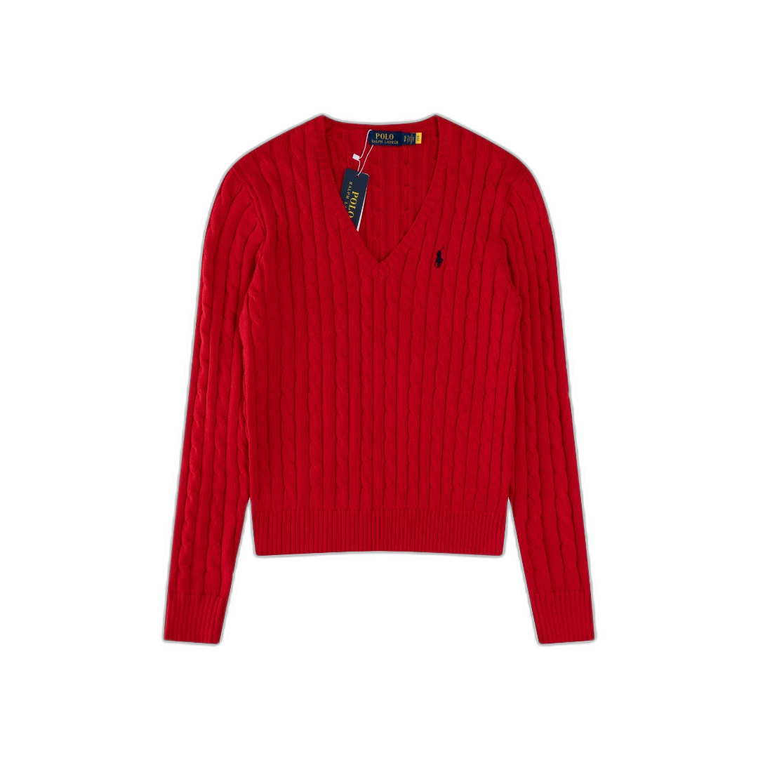 Ralph Lauren Red Cable Knit Cotton V Neck Sweater